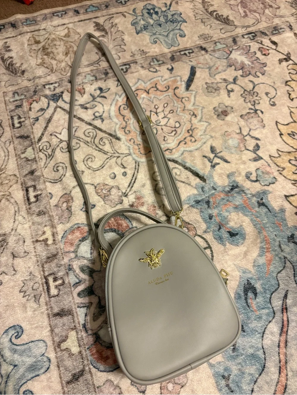 Stylish Triple-Zip Crossbody Bag in Light Gray with Gold Hardware